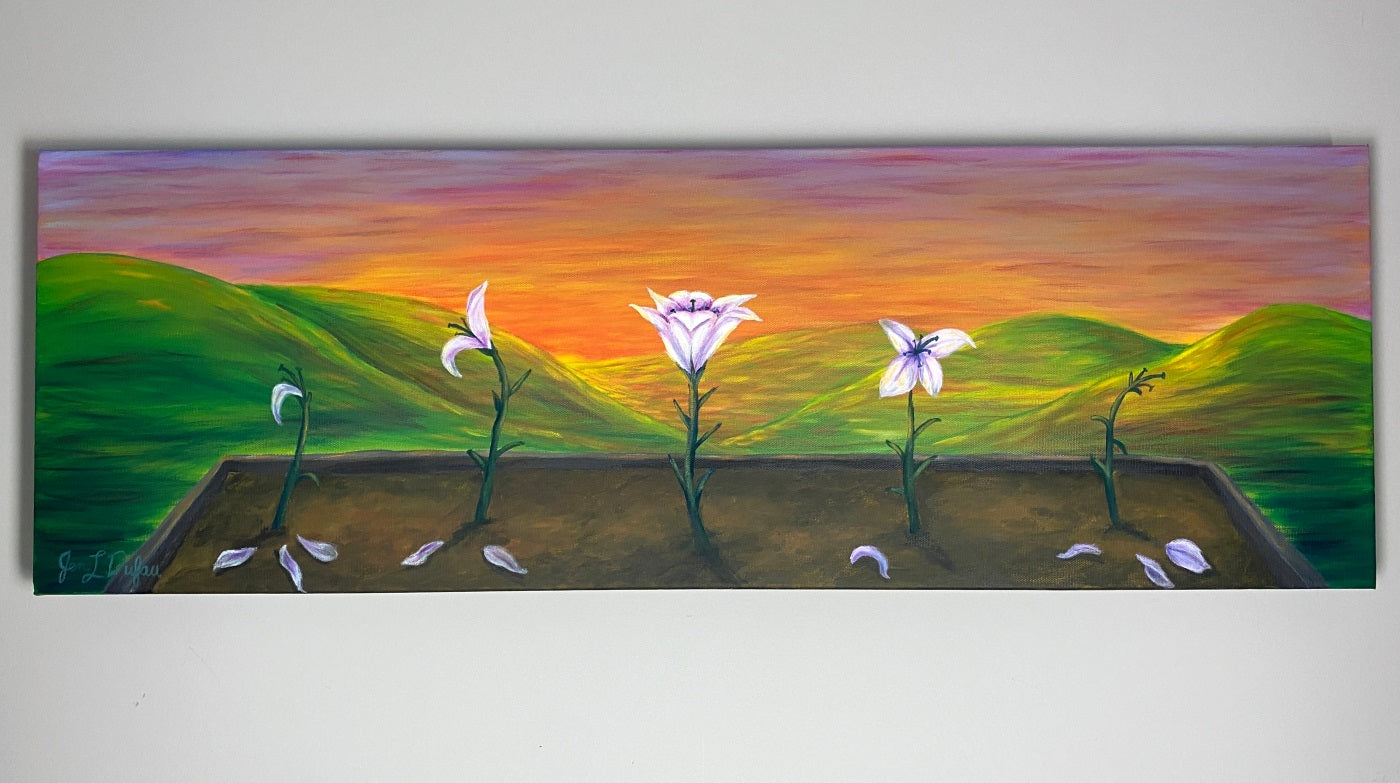 original painting by Jen Dufau of white lilies in different stages of life symbolizing the humble beginning and end of all life.