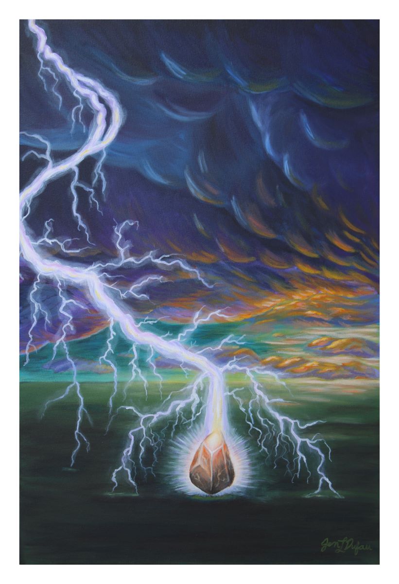 Original painting depicting shocked quartz being struck by lighting 