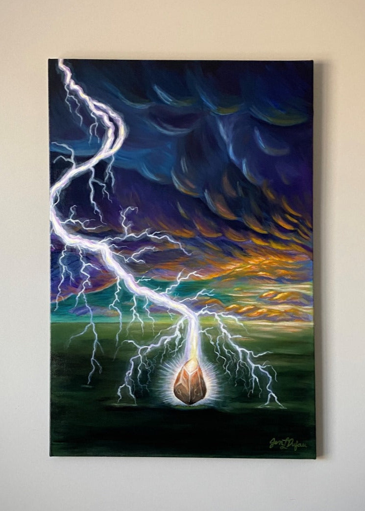 Original painting by Jen Dufau of shocked quartz being struck by lightning in a storm symbolizing personal resilience.  