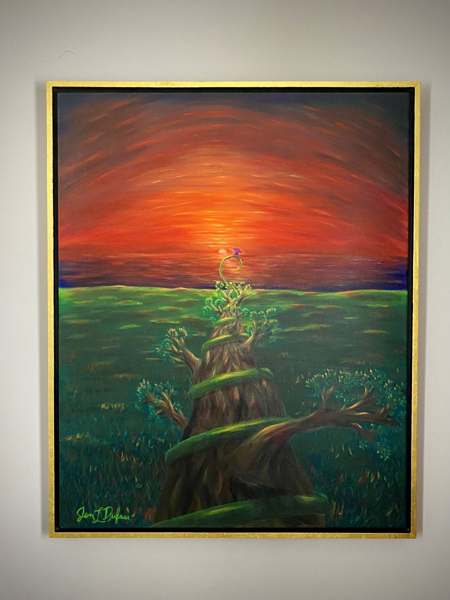 original painting by Jen Dufau of a branch wrapped in a vine with a blooming flower reaching towards a sunrise symbolizing finding your way in life.