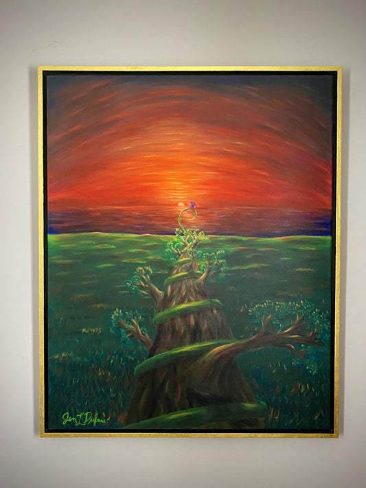 original painting by Jen Dufau of a branch wrapped in a vine with a blooming flower reaching towards a sunrise symbolizing finding your way in life.