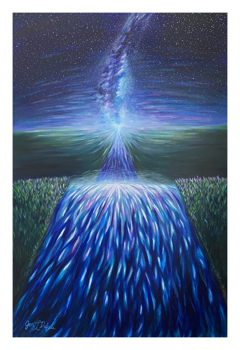 Giclee art print by Jen Dufau of a waterfall flowing off the earth into the milkyway galaxy symbolizing the connection between heaven and earth.