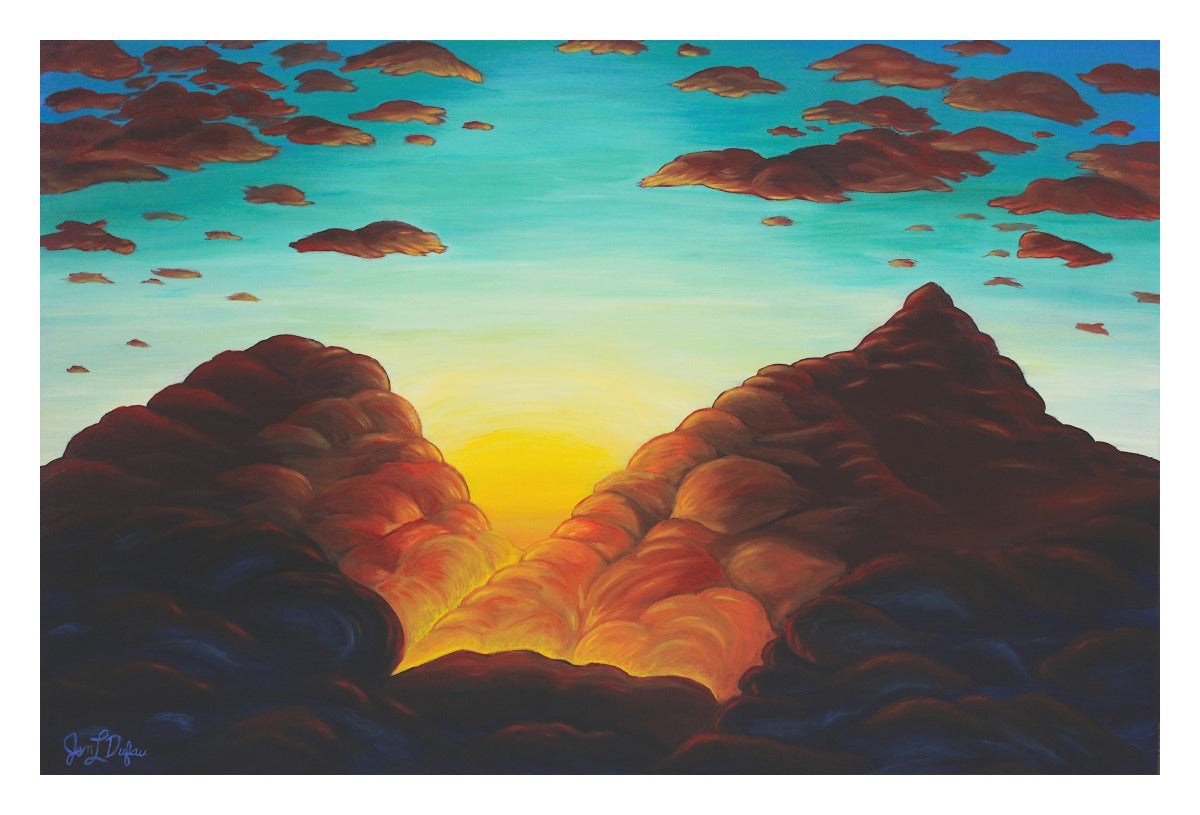 Giclee art print by Jen Dufau of a mountain range made of clouds symbolizing the transience of life.