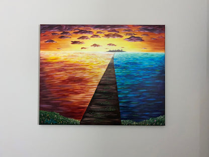 original painting by Jen Dufau of a wooden bridge across a red and blue sea symbolizing balance.