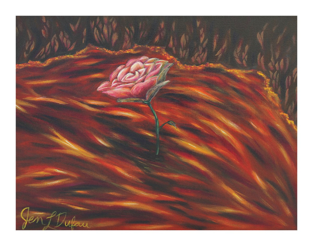 Purchase a giclee art print by Jen Dufau of a pink rose growing in a volcano surrounded by lava symbolizing discernment of right and wrong.