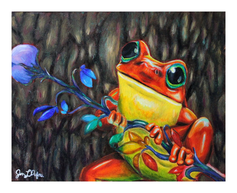 Giclee art print by Jen Dufau of an orange and yellow frog holding a rainbow-colored flower stem symbolizing Hope.