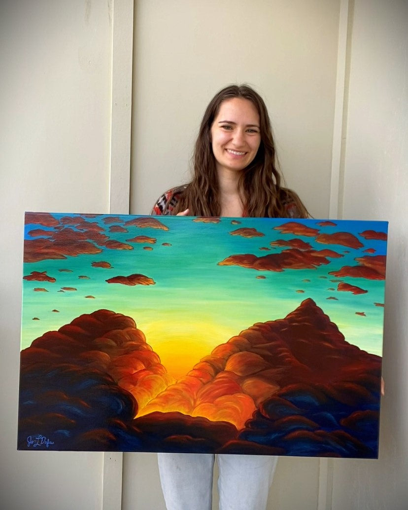 original painting by Jen Dufau of a mountain range made of clouds symbolizing the transience of life.