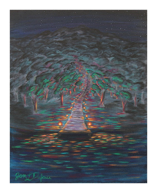 Giclee art print by Jen Dufau of lanterns on a dock leading up a path into a forest symbolizing spiritual guidance.