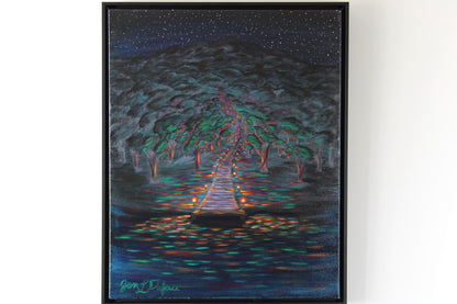 original painting by Jen Dufau of lanterns on a dock leading up a path into a forest symbolizing spiritual guidance.