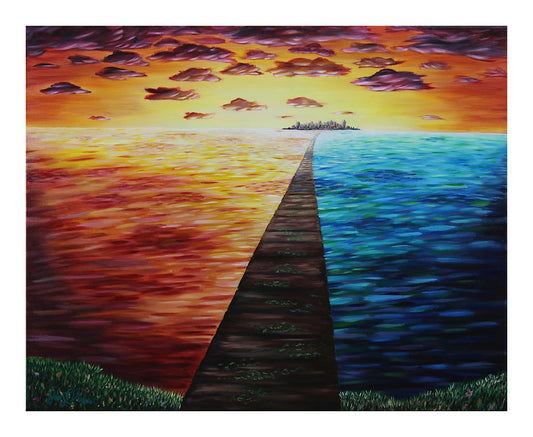 Giclee art print by Jen Dufau of a wooden bridge across a red and blue sea symbolizing balance.