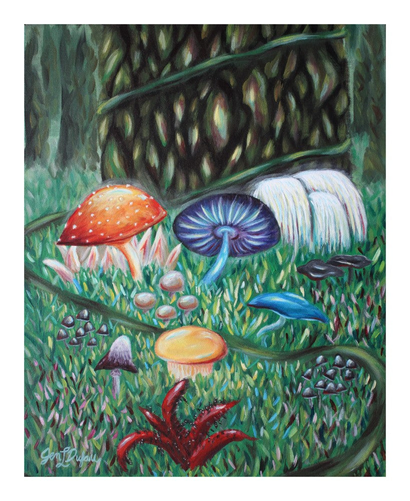 original painting by Jen Dufau of colorful mushrooms on a forest floor including devil's fingers, lion's mane, and fly amanita mushrooms symbolizing humility amongst pride and shame.