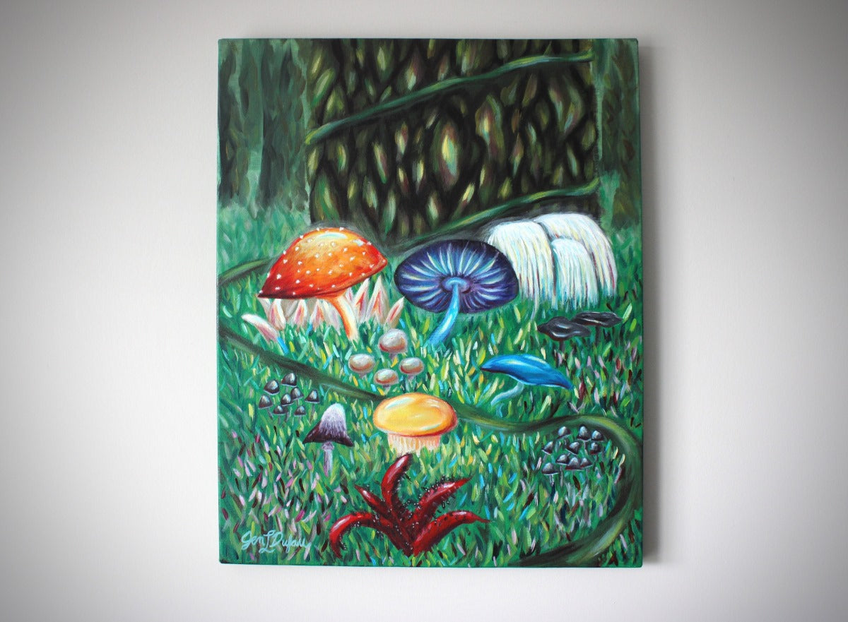 Purchase an original painting by Jen Dufau of colorful mushrooms on the forest floor symbolizing humility amongst pride and shame.