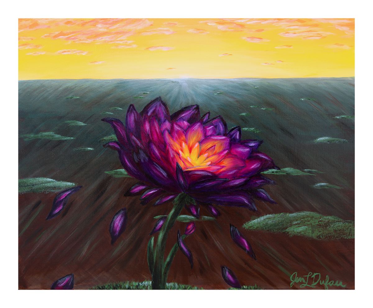 Giclee art print by Jen Dufau depicting a purple lotus flower losing its dying petals symbolizing self-renewal.