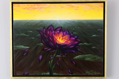 original painting by Jen Dufau depicting a purple lotus flower losing its dying petals symbolizing self-renewal.