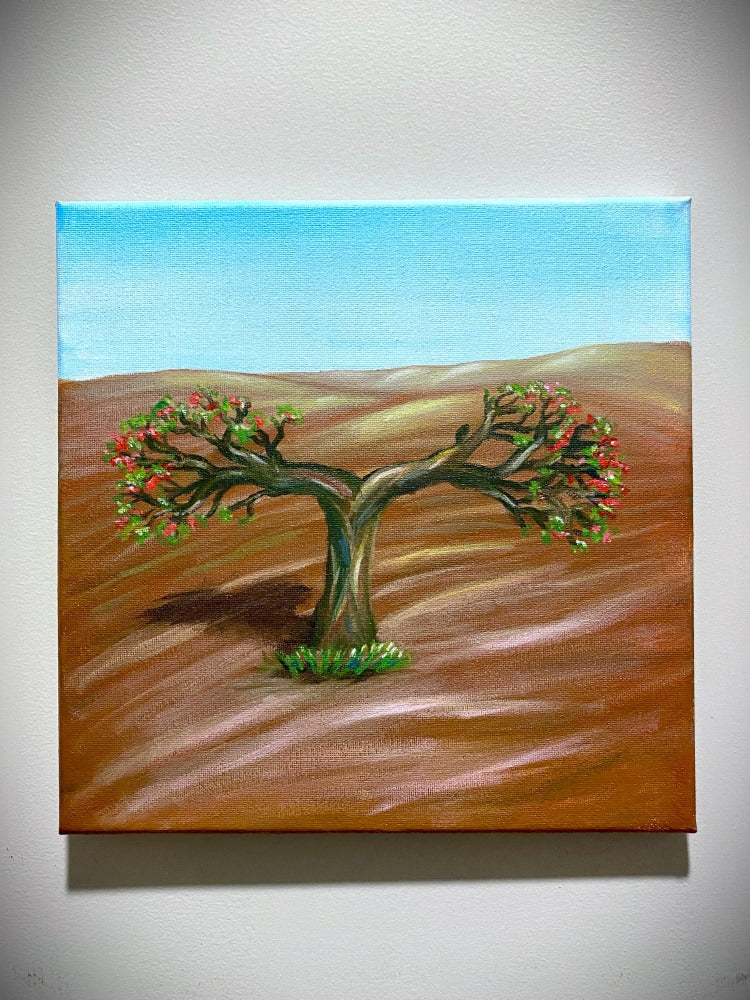 Original painting by Jen Dufau of a tree in the desert in the shape of a tau symbolizing St Francis of Assisi.