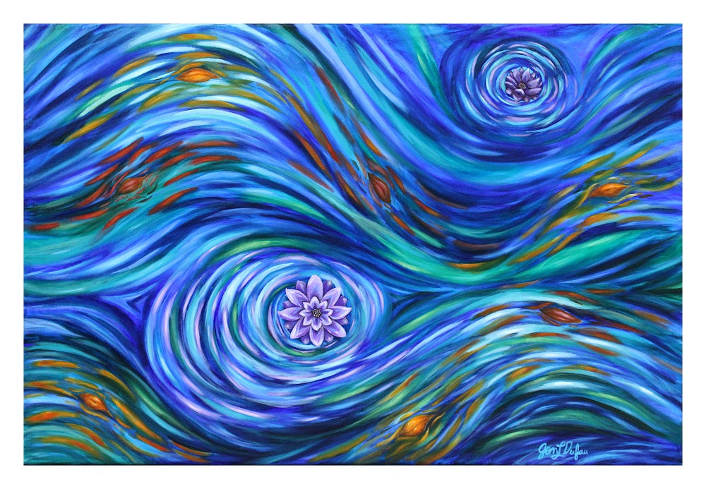 Giclee art print by Jen Dufau of lotus flowers and leaves floating in swirling water symbolizing the everchanging nature of life.