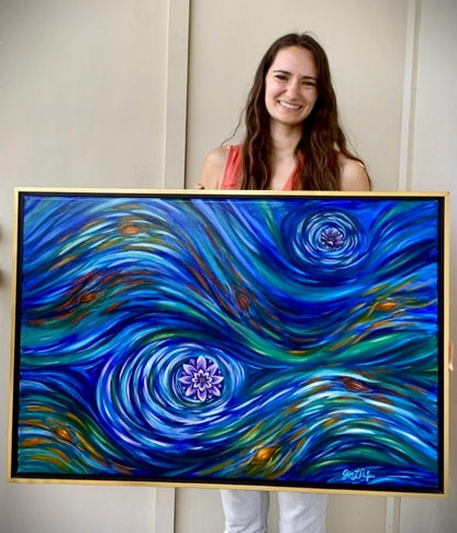 original painting by Jen Dufau of lotus flowers and leaves floating in swirling water symbolizing the everchanging nature of life.