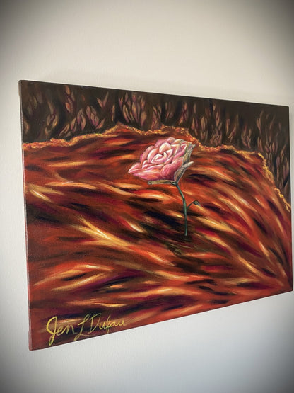 original painting by Jen Dufau of a pink rose growing in a volcano surrounded by lava symbolizing discernment of right and wrong.